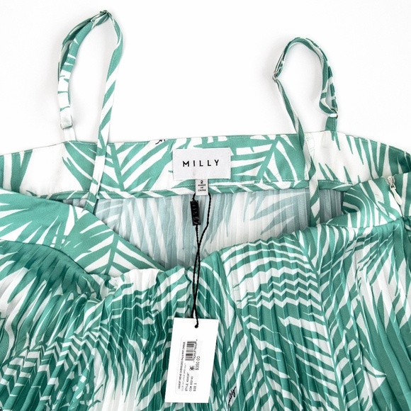 NWT Milly Irene Oversized Palm Print Dress Pleated Asymmetric Green - Size 2 XS - Picture 9 of 14